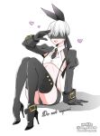  1boy 9s_(nier:automata) adapted_costume animal_ears arm_support artist_name black_blindfold black_footwear black_gloves black_necktie black_shorts black_thighhighs blindfold bulge collarbone commentary crop_top crossdressing fake_animal_ears gloves grey_hair hand_up heart high_heels highres juliet_sleeves knees_together_feet_apart knees_up long_sleeves male_focus nagano_rira necktie nier:automata nier_(series) open_mouth otoko_no_ko puffy_sleeves rabbit_tail shadow shirt short_shorts shorts shrug_(clothing) simple_background sitting sleeveless sleeveless_shirt solo suspender_shorts suspenders tail thighhighs thighs twitter_username white_background 