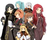  6+girls ahoge angela_(project_moon) armband armor asymmetrical_hair binah_(project_moon) black_armor black_bow black_bowtie black_cape black_dress black_eyes black_hair black_hairband black_jacket black_pants blonde_hair blue_eyes blue_hair blunt_bangs bodysuit bomitto_(zundaffy) bow bowtie brown_capelet brown_hair brown_skirt buttons cape capelet carmen_(project_moon) cigarette cleavage_cutout closed_eyes closed_mouth clothing_cutout coat collared_dress collared_jacket collared_shirt dress female_child frilled_sleeves frills frown fur_trim gebura_(project_moon) gradient_hair green_eyes green_shirt hair_bow hair_ornament hair_scrunchie hairband hand_on_own_hip heart heart_hair_ornament heterochromia highres hod_(project_moon) holding holding_notepad holding_pen jacket lab_coat lobotomy_corporation long_hair long_sleeves malkuth_(project_moon) multicolored_hair multiple_girls multiple_scars myo_(project_moon) necktie notepad one_side_up open_clothes open_jacket open_mouth orange_eyes orange_hair orange_necktie orange_trim own_hands_together pants pen pocket project_moon puffy_long_sleeves puffy_sleeves red_bodysuit red_eyes red_hair red_hairband red_jacket red_necktie scar scar_on_face scrunchie shirt short_hair side_ponytail skirt smile smoking tiphereth_a_(project_moon) v v-shaped_eyebrows very_long_hair white_background white_coat white_hair white_shirt yellow_eyes yellow_trim zipper zipper_pull_tab 