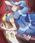  1girl ariga_hitoshi bare_arms bare_shoulders blue_eyes blue_hair breasts crop_top karen_(pokemon) light_blue_hair long_hair medium_breasts midriff official_art pants parted_bangs pokemon pokemon_(game) pokemon_hgss pokemon_tcg red_background shirt solo spaghetti_strap third-party_source wavy_hair white_pants yellow_shirt 