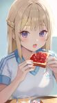  1girl adidas blonde_hair blush braid cup ears_visible_through_hair eating food glass highres holding holding_food jam looking_at_viewer open_mouth original purple_eyes shirt side_braid solo t-shirt teeth toast upper_body upper_teeth_only yeolyeo 