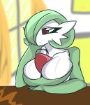  absurd_res big_breasts breasts cleavage clothed clothing dress eyelashes female gardevoir generation_3_pokemon green_clothing green_dress green_hair hair hair_over_eye hi_res humanoid killer._ez nintendo one_eye_obstructed pokemon pokemon_(species) red_eyes solo white_body 