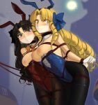  2girls animal_ears bare_shoulders bdsm black_hair black_pantyhose blonde_hair blue_eyes blue_leotard blush bondage bound bow breasts brown_pantyhose cad_(caddo) covered_navel detached_collar drill_hair fake_animal_ears fate/hollow_ataraxia fate/stay_night fate_(series) gag gloves hair_bow highleg highleg_leotard highres improvised_gag large_breasts leotard long_hair looking_at_viewer luviagelita_edelfelt medium_breasts multiple_girls nipples pantyhose parted_bangs playboy_bunny quad_drills rabbit_ears red_leotard restrained shibari tape tape_gag thighs tohsaka_rin two_side_up white_gloves yellow_eyes 