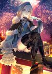  1girl aqua_eyes black_cloak black_footwear boots breasts cloak dress fate/grand_order fate_(series) fireworks food fur-trimmed_cloak fur_trim gray_(fate) grey_dress grey_hair highres hood hooded_cloak kaze_minoru_so-ru long_hair long_sleeves looking_at_viewer medium_breasts popsicle sidelocks sitting thigh_boots 