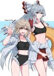  2girls absurdres alternate_hairstyle ass_visible_through_thighs bikini blonde_hair bow breasts clothes_around_waist collarbone fang frilled_bikini frills fujiwara_no_mokou hair_bow hair_ribbon highres himadera hime_cut holding_floatie jacket long_hair male_swimwear medium_hair midriff multiple_girls navel open_clothes open_jacket ponytail red_eyes red_ribbon ribbon rumia shirt shirt_around_waist sidelocks small_breasts smile swim_trunks swimsuit touhou v very_long_hair white_bow white_hair white_jacket white_shirt 