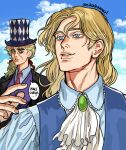  1boy 1girl ascot blonde_hair blue_eyes breasts brown_eyes english_commentary english_text erina_pendleton european_clothes genderswap genderswap_(ftm) genderswap_(mtf) hat highres jacket jojo_no_kimyou_na_bouken long_hair long_sleeves medium_hair outdoors phantom_blood robert_e._o._speedwagon scar scar_on_face smile speech_bubble umikochannart 