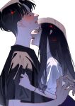  1boy 1girl absurdres adam&#039;s_apple black_hair black_shirt blush fangs highres long_hair original profile shirt short_hair short_sleeves signature simple_background upper_body white_background white_shirt yellow_eyes yomiya_sateko 