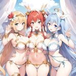  3girls ai-generated between_breasts breast_press breasts breasts_squeezed_together cleavage covered_nipples curvy full_body group_hug hair_ornament happy highres hug medium_breasts multiple_girls non-web_source red_hair smile swimsuit 