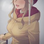  1girl beanie blurry blush breast_focus breasts breath brown_hair brown_jacket buttons commentary_request depth_of_field fang grey_background hat head_out_of_frame hood hood_down hooded_jacket inuyama_aoi jacket large_breasts mikazuchi_zeus open_mouth sidelocks simple_background skin_fang solo tight_clothes yurucamp 