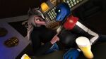  3d_(artwork) alcohol anthro baboon bar beer beverage digital_media_(artwork) duo female fightinlove flirting gesture haplorhine herm hi_res horn intersex intersex/female lizard mammal monkey old_world_monkey pointing primate reptile scalie smile source_filmmaker surprised_expression trish_(fightinlove) 