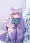  1girl animal_ears arctic_fox_(kemono_friends) blue_bow blue_bowtie blue_skirt bow bowtie capelet coat fox_ears fox_girl fox_tail fur_trim gloves hands_on_own_knees highres kemono_friends kosai_takayuki long_hair long_sleeves looking_at_viewer orange_eyes pantyhose pleated_skirt pov skirt snow snowing solo squatting tail white_capelet white_coat white_fur white_gloves white_hair white_pantyhose winter_clothes winter_coat 