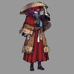  1girl adapted_costume ajirogasa black_footwear blue_scarf capelet commentary dress english_commentary full_body hand_on_headwear hat highres kaibootsu long_sleeves red_capelet scarf sekibanki solo standing touhou 