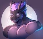  absurd_res dragon hair headshot_portrait hi_res horn korecat looking_at_viewer male muscular muscular_male portrait purple_eyes purple_hair smile smiling_at_viewer 