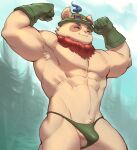  2023 abs absurd_res anthro big_muscles bulge clothed clothing eyes_closed eyewear flexing gloves goggles green_clothing green_gloves green_handwear green_hat green_headwear green_thong green_underwear handwear hat headgear headwear hi_res ibarra league_of_legends male muscular muscular_anthro muscular_male navel pecs riot_games smile solo standing teemo_(lol) thong topless underwear yordle 
