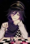  1boy black_background black_cape black_hair black_headwear blood board_game cape checkered_clothes checkered_scarf chess chess_piece danganronpa_(series) danganronpa_v3:_killing_harmony gokuhara_gonta hair_between_eyes hand_up hat iruma_miu jacket kkochmeli long_sleeves male_focus ouma_kokichi peaked_cap pink_blood purple_eyes purple_hair saihara_shuuichi scarf sitting smile solo straitjacket table white_jacket 