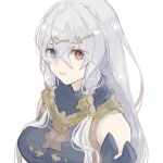  1girl atelier_(series) atelier_ryza atelier_ryza_1 bare_shoulders blue_eyes blue_pupils breasts crossed_bangs grey_hair hair_between_eyes hair_tubes hani_(udauda) heterochromia lila_decyrus long_hair looking_at_viewer medium_breasts parted_lips red_eyes red_pupils simple_background solo white_background 