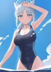  1girl absurdres animal_ear_fluff animal_ears black_one-piece_swimsuit blue_archive blue_eyes blue_sky breasts cloud competition_swimsuit covered_navel cross_hair_ornament extra_ears grey_hair grunel_(grunel_7979) hair_ornament halo highres looking_at_viewer low_ponytail medium_breasts medium_hair mismatched_pupils multicolored_clothes multicolored_swimsuit official_alternate_costume one-piece_swimsuit parted_lips shiroko_(blue_archive) shiroko_(swimsuit)_(blue_archive) sky solo standing swimsuit wading water wolf_ears 