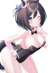  1girl absurdres animal_ears bare_legs bare_shoulders black_bow black_bowtie black_hair black_leotard blue_eyes bob_cut bow bowtie breasts cleavage cowboy_shot detached_collar ear_scrunchie eishin_flash_(umamusume) finger_to_mouth hair_between_eyes highres horse_ears horse_girl horse_tail kaede_(maple4rt) large_breasts leaning_forward leotard nontraditional_playboy_bunny one_eye_closed scrunchie short_hair simple_background solo strapless strapless_leotard swept_bangs tail umamusume white_background white_scrunchie wrist_cuffs 