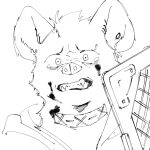  2023 anthro arknights bodily_fluids clenched_teeth collar ear_piercing emotional eyebrow_piercing facial_piercing fur hair hi_res hyena hypergryph male mammal monochrome piercing pluto08010511 pu94_d1de4c riot_shield sketch solo spot_(arknights) spotted_hyena studio_montagne stunned tears teeth 