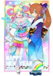  2girls :d ahoge alternate_hairstyle blue_bow blue_eyes blue_hair blue_kimono blunt_bangs blush bow brown_hair commentary_request daia_(pri_chan) diamond_hair_ornament earrings frilled_kimono frills full_body geta hair_bow hair_over_one_eye hair_rings happy_new_year headset highres japanese_clothes jewelry kimono kimono_skirt kiratto_pri_chan long_hair long_sleeves looking_at_viewer moudoku_(decopon3rd) multicolored_hair multiple_girls nijinosaki_dia obi open_mouth pink_hair pretty_(series) print_kimono rainbow_print sash short_kimono sidelocks smile standing star_(symbol) streaked_hair twintails white_footwear wide_sleeves 