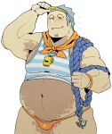  1boy anchor bara big_belly blue_tank_top bulge cowboy_shot humanization large_pectorals lifeguard looking_at_viewer makara_(housamo) male_focus male_swimwear muscular muscular_male navel orange_male_swimwear pectorals reptile_boy sanpaku saturday_(hokawazu) scales scar scar_on_chin scar_on_face shirt short_hair sidepec. solo stomach striped striped_shirt swim_briefs tank_top thick_eyebrows tokyo_afterschool_summoners whistle whistle_around_neck 