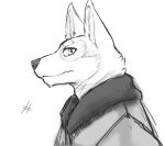  anthro bust_portrait cheek_tuft clothed clothing facial_tuft glistening glistening_eyes inner_ear_fluff jacket kuttoyaki looking_at_viewer male monochrome mouth_closed neck_tuft portrait side_view simple_background solo topwear tuft 