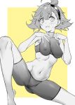  1girl ahoge ass_visible_through_thighs bad_link bike_shorts blush covered_nipples greyscale_with_colored_background groin gundam gundam_suisei_no_majo hairband mushi024 navel short_hair solo sports_bra suletta_mercury thick_eyebrows wavy_mouth 