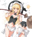  1girl adapted_costume apron ass bare_shoulders black_bow black_bowtie black_headwear black_skirt blonde_hair blush bow bowtie breasts breasts_apart broom cowboy_shot detached_collar frilled_headwear hair_between_eyes hair_bow hat highres holding holding_behind_back holding_broom huyusilver kirisame_marisa legs_together long_hair looking_at_viewer median_furrow multiple_views navel open_mouth raised_eyebrows revealing_clothes shirt sidelocks simple_background skirt small_breasts smile solo stomach straight_hair strapless strapless_shirt sweatdrop thighs touhou turnaround waist_apron white_apron white_background white_bow white_wrist_cuffs witch_hat wrist_cuffs yellow_eyes 