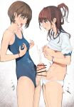  2girls bar_censor blue_eyes blue_one-piece_swimsuit brown_hair censored clothing_aside competition_school_swimsuit cowboy_shot crying crying_with_eyes_open cum erection folded_ponytail from_side frottage futa_with_futa futanari grabbing_own_breast gym_shirt gym_uniform half_updo height_difference highres multiple_girls multiple_penises one-piece_swimsuit open_mouth original penis penises_touching projectile_cum school_swimsuit shiratama_(monster1553) shirt short_hair swimsuit swimsuit_aside tears tongue tongue_out torogao tweaking_own_nipple 