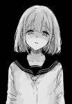  1girl black_background collarbone greyscale highres idolmaster idolmaster_shiny_colors long_sleeves looking_at_viewer monochrome neckerchief nogoodlife parted_lips sailor_collar school_uniform serizawa_asahi short_hair simple_background solo upper_body 