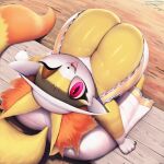  1:1 2023 anthro big_breasts black_nose breast_focus breasts clothed clothing colored digital_media_(artwork) eyebrows female fennekin fingers generation_6_pokemon hi_res huge_breasts looking_at_viewer nintendo one_eye_closed open_mouth pokemon pokemon_(species) solo text thousandfoldfeathers url 
