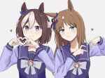  2girls animal_ears blush bow bowtie brown_hair commentary ear_bow grass_wonder_(umamusume) grey_background hair_between_eyes heart heart_hands horse_ears horse_girl long_hair long_sleeves looking_at_viewer motodanagazane multicolored_hair multiple_girls purple_bow purple_eyes school_uniform short_hair simple_background smile special_week_(umamusume) tracen_school_uniform two-tone_hair umamusume upper_body white_bow white_bowtie white_hair 