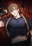  1boy absurdres blonde_hair blue_eyes blue_shirt fingerless_gloves gloves hair_between_eyes highres jujeop knife large_pectorals las_plagas leon_s._kennedy looking_to_the_side lying male_focus muscular muscular_male navel on_back parted_lips pectorals resident_evil resident_evil_4 resident_evil_4_(remake) ripples shirt short_hair solo torn_clothes 