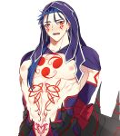  1boy arms_behind_back bara blue_hair blue_hood blush bound bound_arms chest_tattoo cu_chulainn_(fate) cu_chulainn_alter_(fate) earrings embarrassed facial_mark fate/grand_order fate_(series) highres jewelry male_focus navel nipples open_mouth red_eyes red_ribbon ribbon seum_(kao_husband) sharp_teeth simple_background stomach_tattoo sweatdrop tail tattoo teeth white_background 