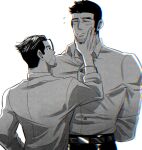  2boys arms_behind_back bara beard black_hair blush buzz_cut collared_shirt facial_hair flying_sweatdrops goatee_stubble golden_kamuy grabbing_another&#039;s_chin greyscale hand_on_another&#039;s_chin height_difference highres kon_likes_corn large_pectorals long_sideburns male_focus mature_male monochrome multiple_boys muscular muscular_male nervous_smile ogata_hyakunosuke pectorals shirt short_hair sideburns smile tanigaki_genjirou thick_eyebrows upper_body very_short_hair yaoi 