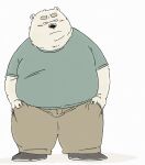  2023 anthro bear belly big_belly black_nose blush bottomwear clothing hi_res kemono male mammal overweight overweight_male pants pommn_mn shirt simple_background solo topwear white_background white_body 