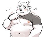  anthro bandanna belly blush canid canine canis clothed clothing clothing_lift domestic_dog eyebrows hi_res kerchief lifewonders live_a_hero male mammal mokdai musclegut navel nipples pecs shimo_kawa shirt shirt_lift solo t-shirt thick_eyebrows topwear 