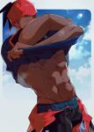  1boy abs bara black_hair black_shirt black_shorts blush chariko clothes_around_waist clothes_lift dark-skinned_male dark_skin dynamax_band headband jacket jacket_around_waist male_focus muscular muscular_male navel nipples one_eye_closed orange_headband orange_headwear pectorals pokemon pokemon_(game) pokemon_swsh raihan_(pokemon) shirt shirt_lift short_hair shorts solo sweat 