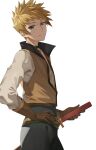  1boy belt black_pants blonde_hair blue_eyes brown_gloves brown_vest choker commentary_request cowboy_shot gloves guy_cecil hand_on_own_hip highres long_sleeves looking_at_viewer looking_to_the_side male_focus pants parted_lips popped_collar rourou_ill sheath sheathed short_hair solo spiked_hair sword tales_of_(series) tales_of_the_abyss v-neck vest weapon white_background 