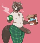  2019 anthro big_penis biped bottomwear breath_cloud brown_body brown_fur brown_hair casual_exposure cereal_box chest_tuft clothed clothing digital_drawing_(artwork) digital_media_(artwork) ear_piercing english_text equid equine eyebrow_through_hair eyebrows eyewear foreskin fur genitals glasses green_bottomwear green_clothing green_pants hair hi_res holding_object humanoid_genitalia humanoid_penis looking_at_viewer male mammal mug multicolored_body multicolored_fur multicolored_hair narrowed_eyes navel open_mouth pants pattern_bottomwear pattern_clothing pattern_pants penis piercing pink_background plaid plaid_bottomwear plaid_clothing plaid_pants psydoux simple_background slightly_chubby slightly_chubby_anthro slightly_chubby_male solo steam striped_body striped_fur stripes tail text topless topless_male translucent translucent_hair tuft two_tone_body two_tone_fur two_tone_hair urethra vein veiny_penis white_body white_fur white_hair zebra zeeb_(psydoux) 