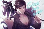  1boy belial_(granblue_fantasy) black_hair black_jacket closed_mouth english_text feather_boa granblue_fantasy highres holding jacket kishire0324 large_pectorals male_focus muscular muscular_male one_eye_closed pectorals red_eyes short_hair smile solo upper_body 