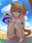  absurdres alternate_costume animal_ears ball barefoot beach beach_volleyball bikini blue_eyes blue_sky breasts brown_hair cleavage closed_mouth cloud cloudy_sky commentary_request green_bikini hair_between_eyes hair_ornament highres holding holding_ball horse_ears horse_girl horse_tail houton_tamago large_breasts looking_at_viewer medium_hair ocean outdoors ponytail sand sky smile squatting star_(symbol) star_hair_ornament swimsuit taiki_shuttle_(umamusume) tail twitter_username umamusume volleyball volleyball_net water 