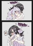  2girls ahoge biting_shoulder black_eyes black_hair blood blue_archive blush demon_horns drooling e_v_e_neko female_sensei_(blue_archive) grey_hair hair_between_eyes halo heart highres hina_(blue_archive) horns hug long_hair medium_hair messy_hair mouth_drool multiple_girls multiple_horns purple_eyes sensei_(blue_archive) shirt spoken_heart sweat very_long_hair white_shirt yuri 