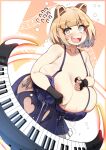  1girl absurdres allegro_molto animal_ears areola_slip blonde_hair blunt_bangs blush border breasts collarbone commission dot_nose fang highres huge_breasts indie_virtual_youtuber instrument keyboard_(instrument) konoshige_(ryuun) lactation lactation_through_clothes looking_at_viewer medium_hair musical_note open_mouth orange_border outside_border sanpaku skeb_commission sleeveless solo staff_(music) star-shaped_pupils star_(symbol) symbol-shaped_pupils tareme yellow_eyes 