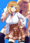  1girl absurdres black_thighhighs blonde_hair blue_eyes blurry blurry_background bob_cut breasts buffson collared_shirt constricted_pupils cowboy_shot hair_ornament hand_on_hip head_tilt high-waist_skirt highres hololive hololive_english holster kobachi_k_88 large_breasts long_sleeves looking_at_viewer medium_hair monocle_hair_ornament necktie open_mouth plaid plaid_skirt pocket_watch projected_inset shirt single_thighhigh skirt smile swept_bangs syringe taut_clothes taut_shirt thigh_holster thigh_strap thighhighs virtual_youtuber watch watson_amelia 