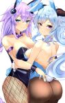  2girls absurdres back backless_outfit bare_back bare_shoulders bimmy blue_hair bow breasts brown_pantyhose cleavage commission detached_sleeves fishnet_pantyhose fishnets ganyu_(genshin_impact) genshin_impact goat_horns highres horns large_breasts long_hair long_sleeves looking_at_viewer looking_back multiple_girls neptune_(series) pantyhose playboy_bunny purple_heart rabbit_tail solo tail white_sleeves 