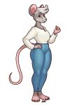  2023 3:4 anthro barefoot blazbaros bottomwear breasts brown_eyes clothing eyebrows eyelashes feet female hand_on_hip hi_res jewelry looking_at_viewer mammal murid murine necklace pants rat rodent solo topwear 
