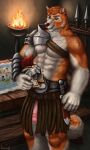  abs anthro armor balls bottomwear canid canine canis carnconnor clothing domestic_dog fire genitals gevual headgear helmet hi_res leather loincloth male mammal melee_weapon muscular nude penis polearm scar shiba_inu solo spear spitz standing weapon 
