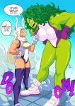  2girls animal_ears bare_shoulders blush boku_no_hero_academia boots breast_poke breasts clenched_teeth colored_skin crescent_print curly_hair dark-skinned_female dark_skin dust_cloud english_commentary english_text fur_collar gloves green_eyes green_hair green_skin hand_on_own_hip hands_on_own_hips height_difference highleg highleg_leotard highres large_breasts leaning_forward leotard long_eyelashes long_hair looking_at_another marvel mirko multiple_girls open_mouth parted_bangs poking purple_thighhighs rabbit_ears rabbit_girl red_eyes she-hulk sleeveless_turtleneck_leotard smile sonchapo sound_effects speech_bubble standing superhero tall_female taut_leotard teeth thick_thighs thighhighs thighs toned upper_teeth_only very_long_hair white_footwear white_gloves white_hair white_leotard 