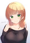  1girl absurdres artist_name black_sweater blonde_hair blush bow breasts collarbone commentary_request green_eyes hair_bow hand_on_own_shoulder heanna_sumire highres long_hair long_sleeves love_live! love_live!_superstar!! medium_breasts portrait reisa-aisaka smile solo sweater white_bow 