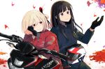  2girls absurdres adapted_costume black_gloves black_hair blonde_hair blush bob_cut chai_haru closed_mouth collarbone commentary cowboy_shot falling_petals gloves hair_between_eyes hair_ribbon head_rest headwear_removed helmet helmet_removed highres inoue_takina long_hair lycoris_recoil motor_vehicle motorcycle motorcycle_helmet multiple_girls nishikigi_chisato on_motorcycle one_side_up petals purple_eyes red_eyes red_ribbon ribbon short_hair sidelocks simple_background smile symbol-only_commentary white_background 
